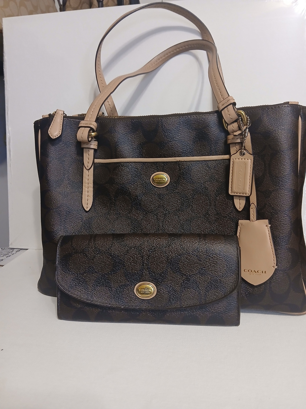 Coach Dark Brown Signature Canvas Tote with Beige Leather Trim and Wallet